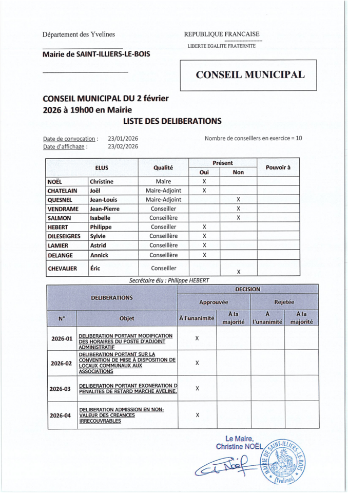 Liste des délibérations conseil municipal 1 de l'année 2026