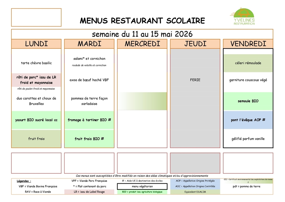 Menus mai semaine 20
