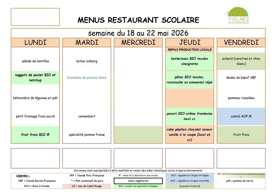 Menus mai semaine 21